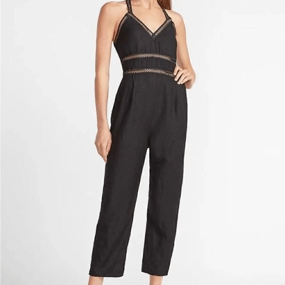 Express‎ Black Linen Rayon Lace Trim Cross Back Jumpsuit Size 8 NWT